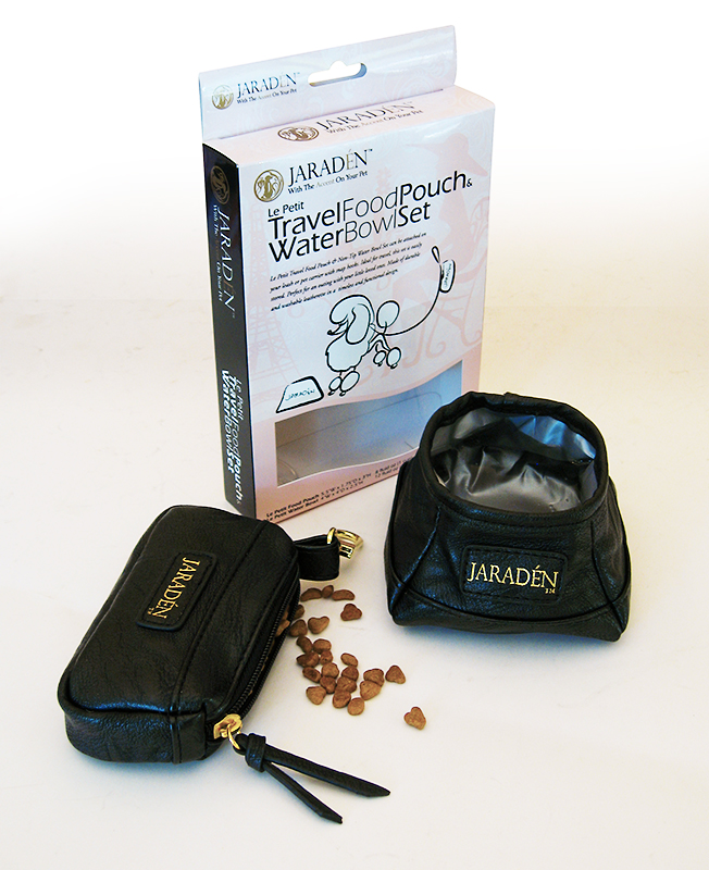 On left: Food Pouch, on left Water Bowl and the package on the back